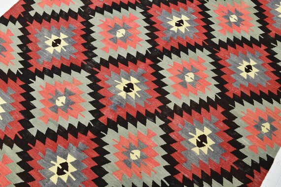 5x6 Vintage Geometric Pattern Kilim Rug, Antique Turkish Rug, 5x6 Handmade Rug, Living Room Rug, 5x6 Colorful Rug, Green Red Black Color Rug