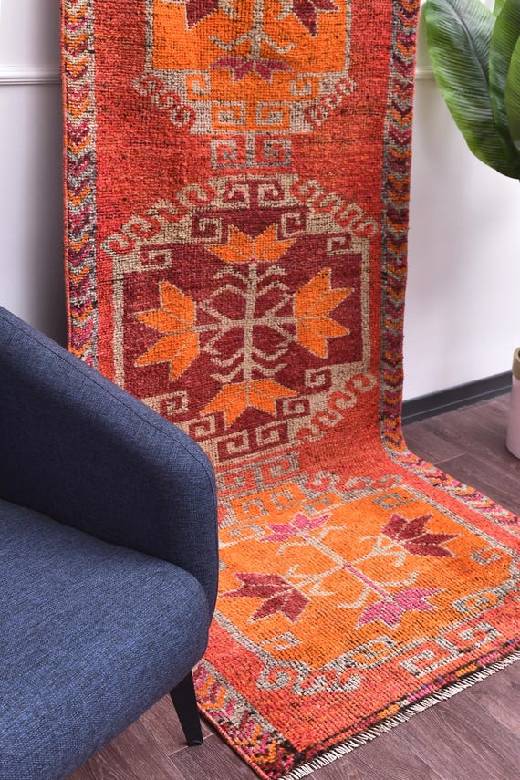 3x9 Vintage Peach Runner Rug, Peach Color, Hallway Kithcen Runner, Traditional Pattern, Soft Wool Anatolian Rug