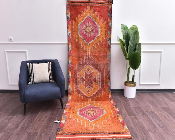 3x11 Handmade Vintage Red Runner Rug, Handmade Soft Wool, Traditional Design