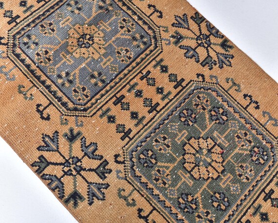 2x11 geometric beige blue Runner Rug, 2x11 distressed Wool Handmade Oushak runner rug, 2x11 geometric distressed muted pink runner rug.