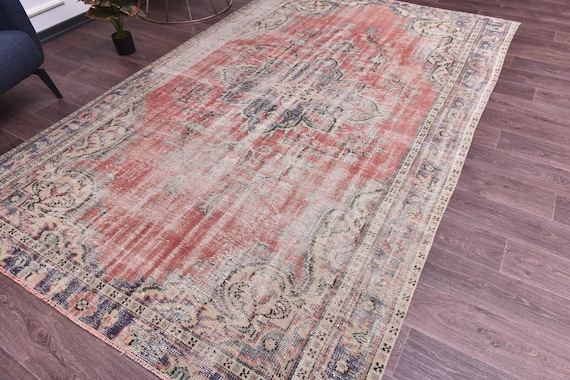 6x10 Vintage Faded Turkish Area Rug, Green Terracotta Color, 6x10 Handmade Wool Rug, 6x10 Soft Area Rug 6x10 Living Room Rug 6x10 Area Rugs