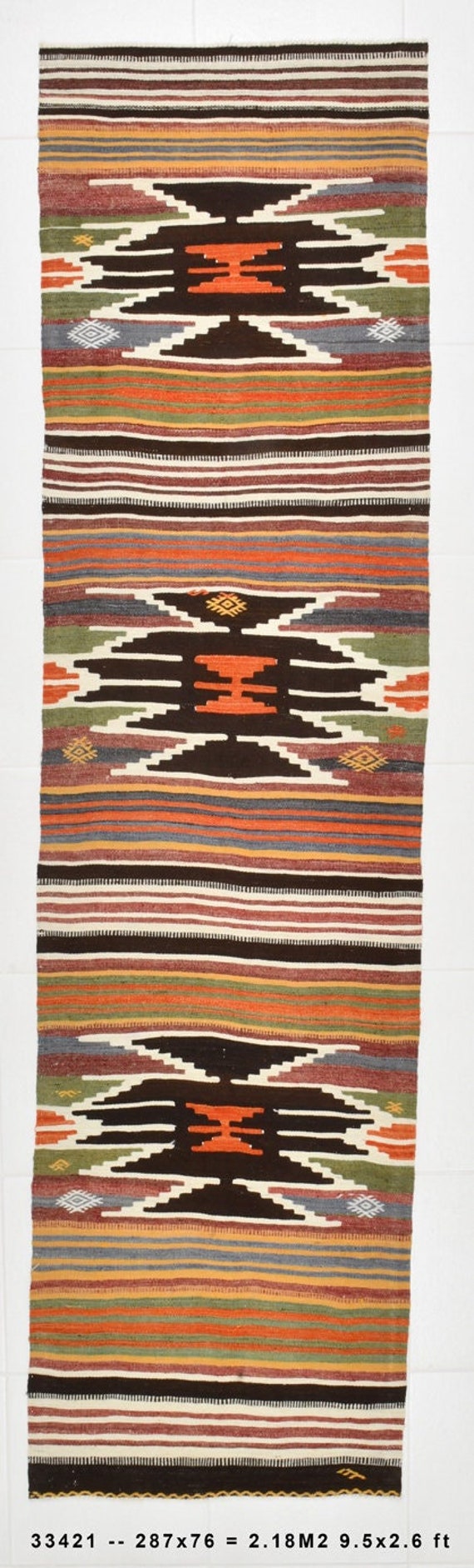 2x9 TURKISH VINTAGE KILIM Runner Rug, 2x9, 2x9 Kilim Runner, Handmade Oushak Rug, 2x9 Runner Rug, Green and Orange Kilim, Narrow Kitchen Rug
