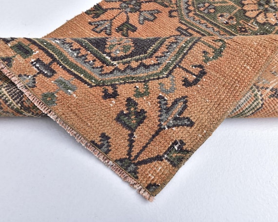 2x10 Muted Orange Blue Turkish Runner Rug, 2x10 Sunfaded Turkish Runner, Narrow Handmade Wool Runner Rug, 2x10 Kitchen Vintage Runner.