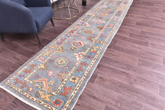 3x12 Antique Blue Persian Runner Rug, Blue Pink Color, Handmade Oriental Rug, 3x12 Hallway Rug, 3x12 Persian Runner, 3x12 Rug