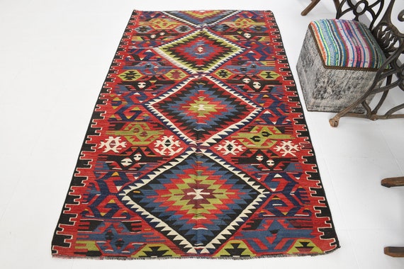 4x7 Rugs, Geometric Kilim Rug, 4x7 VİNTAGE KİLİM RUG, Wool Handmade Rug, Blue Green Rug, Turkey Kilim, 4x7 Area Rug, Farmhouse Rug, Antique