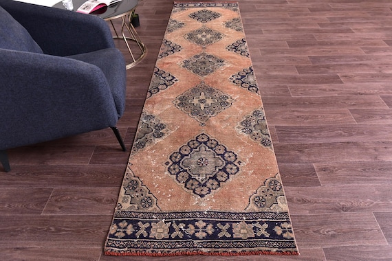 3x11 Vintage Handmade Stair Soft Runner Rug, Terracotta Navy Blue Color