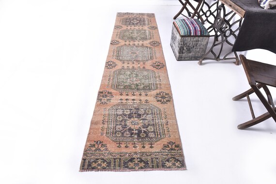 3x11 Pale Red Vintage Runner Rug, 3x11 Vintage Runner, 3x11 Rugs, Pastel Handmade Wool Rug, Turkish Runner 3x11, Rug For Hallway Entrway 57s