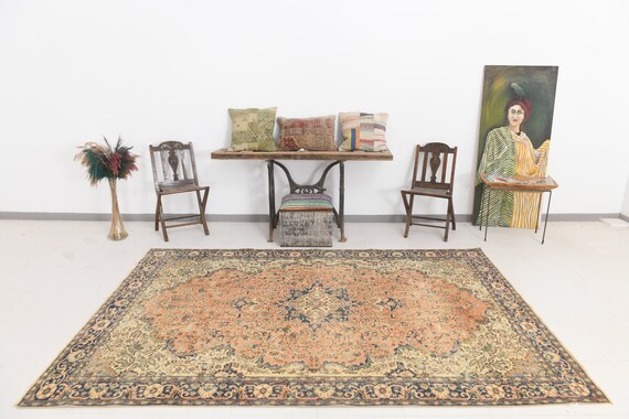 6x9 Area Rug, 6x9 Persian Rug, 6x9 BORDERED ORIENTAL PERSIAN Rug, 6x9, Wool Handmade Vintage, Shades Of Cream & Navy Blue Rug,  Antique 58s
