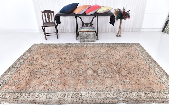 Antique Vintage Turkish Rug, 7x10 Area Rug, 7x10 Retro Vintage, Oversize Turkish Rug, 7x10, Handmade Wool Rug, Orange - Brown & Black Rug,