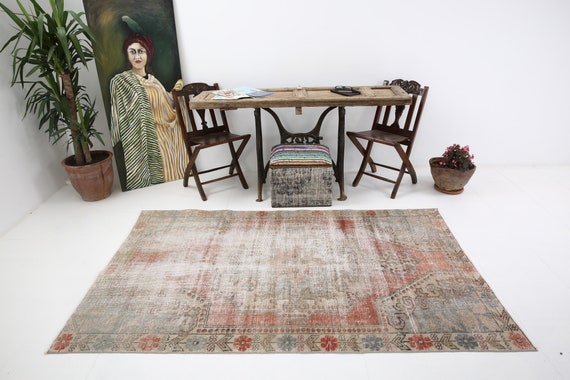 4x7 Dıstressed Area Rug, 4x7, Handmade Oushak Rug 4x7 Vintage Rug Shabby Chic Carpet Faded Red Beige Carpet Luxury Bedroom Tapis