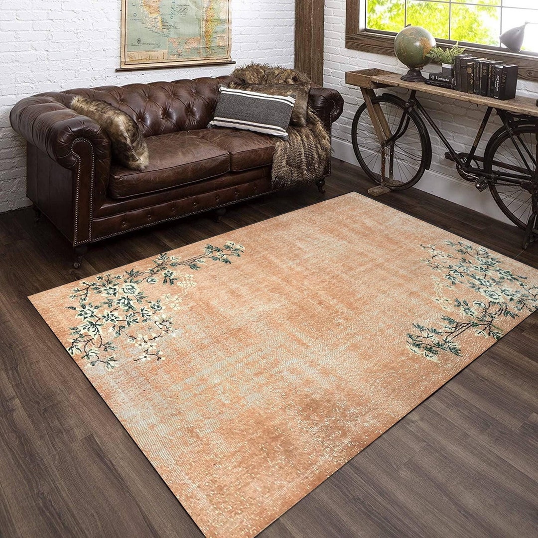 5x9 Area Rug, 5x9 Floral Vintage, 5x9 Orange Green Vintage Rug