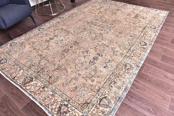 7x10 Antique Tabriz Rug, 7x10 Traditional Area Rug, Salmon Blue Ivory Color, 7x10 Persian Style Rug, Farmhouse Rug, 7x10 Faded Rug, 7x10 Rug