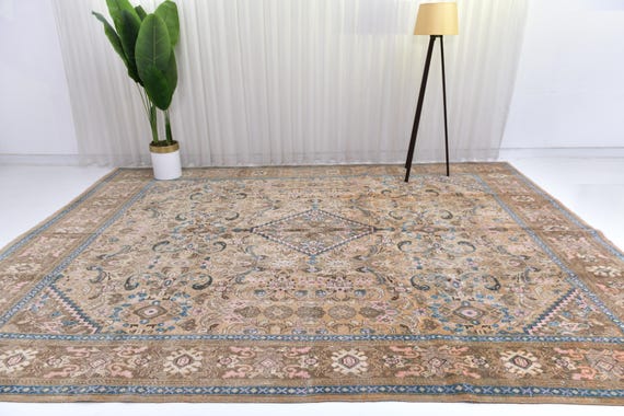 9x13 Vintage Persian Tabriz Style Rug, 9x13 Large Area Rug,  Brown pink Blue Traditional Oriental Rug, Living Room Decor Handwoven Wool
