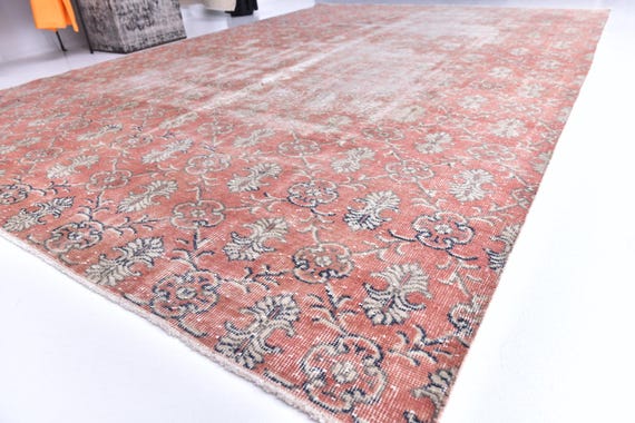 7x10 Vintage Faded Rug, Red Cream Color Rug, 7x10 Floral Area Rug, 7x10 Living Room Rug, 7x10 Faded Distressed Rug, 7x10 Handmade Area Rug