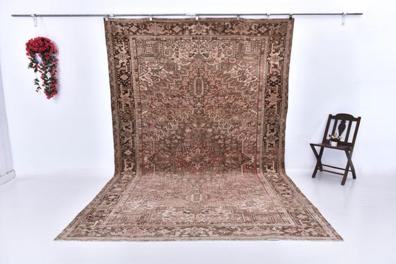 8x12 Salmon and Brown Unique Rug, Oversize Unique Rug Large Area Rug 8x12 Rugs Handmade Wool Rug 8x12 Vintage Rug Rugs For Living Room Rug