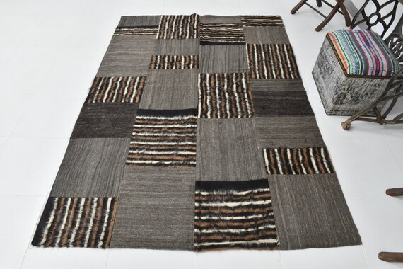 5x7 Gray & Black Angora Kilim Rug, Handmade Wool Vintage Kilim Rug, 5x7 Area Rug, Bohemian Eclectic Style, Turkish Kilim Rug, 60s Antique