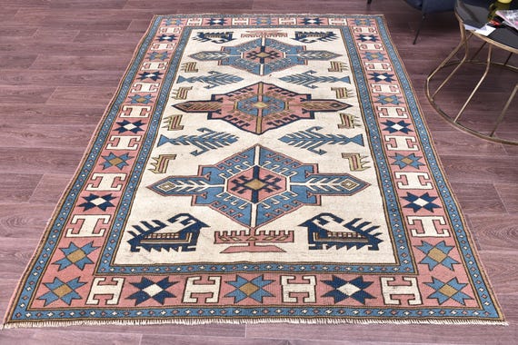 5x7 Vintage Turkish Traditional Area Rug, Ivory Blue Color, Handmade Wool Rug, Farmhouse Decor, Living Room Rug