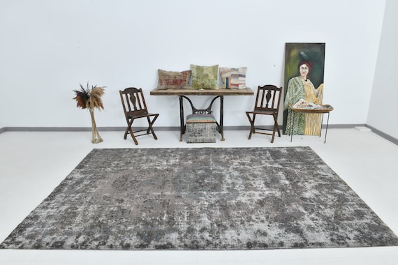7x11 Area Rug, 7x11 Vintage Rug, 7x11 TURKISH VINTAGE FLORAL Rug, 7x11 Classic Handmade Turkey 7x11 Rugs Gray / Silver Wool on Cotton Rug