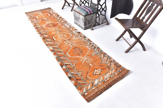 Handmade Wool Turkish Runner Rug: Pumpkin Orange Vintage 3x11