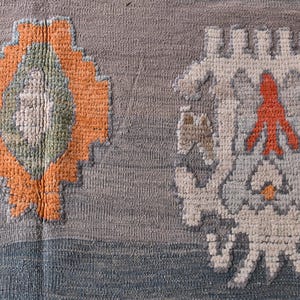 May include: Close-up of a woven textile featuring two decorative patterns. One is an orange and green diamond shape, the other is a white and grey floral-like design with an orange accent. The background is grey and blue.