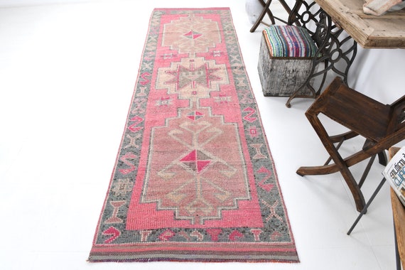 3x10 Pink Herki Vintage Runner Rug, 3x10 Vintage Runner, Handmade Wool Aesthetic, Antique Luxury Design, Pink Green Runners, One Of A Kind