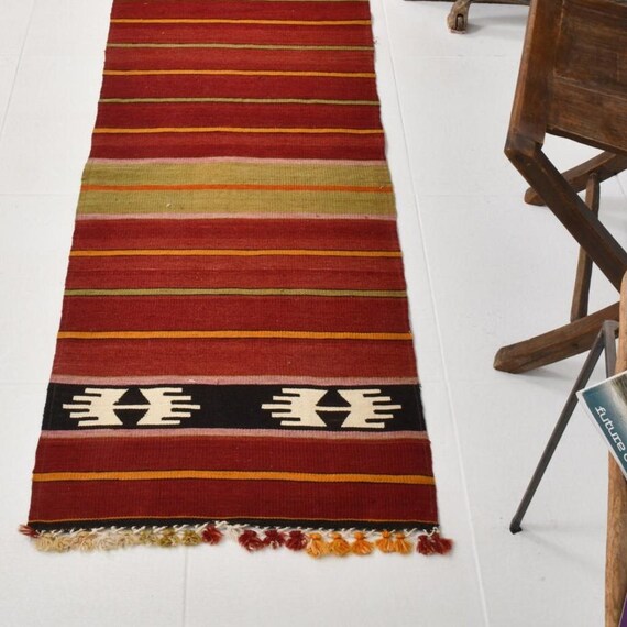 2x9 Burgundy Kilim Runner Rug, 2x9 Vintage Kilim Rug, 2x9, Kilim Runner Rug, Oushak Handmade Rug, 2x9 Runner Rug, Red & Green Kilim, 60s