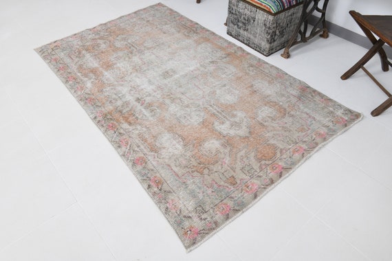 4x7 Faded Vintage Rug, 4x7 Handmade Wool Oushak Rug Neutral Rug 4x7 Area Rug Turkish Rug Turkey Rug Vintage Rug Beige Blue Rug