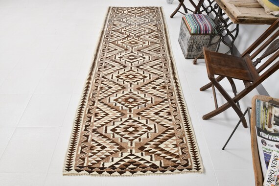3x10 Rug, 3x10 Kilim Runner, 3x10 COLORBLOCK KILIM RUNNER Rug, 3x10, Oushak Handmade Rug, 3x10 Runner Rug, Shades Of Brown Beige, Farmhouse