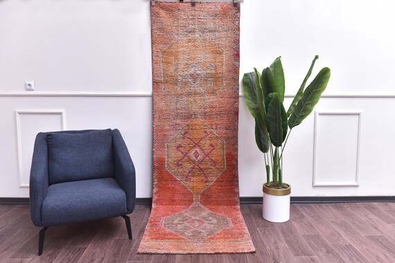 3x9 Soft Terracotta Turkish Runner Rug, 3x9 Turkish Runner, 3x9 Rug, Thick Handmade Wool Rug, Pumpink Orange & Navy Blue Rug, Vintage Runner