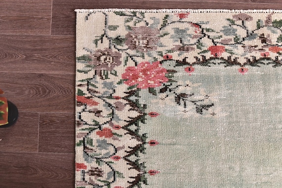 6x8 Vintage Floral Rug, 5x8 Faded Area Rug, Peach Green Color, 6x8 Handmade Wool Rug, Living Room Bedroom Rug, 6x8 Turkish Area Rug