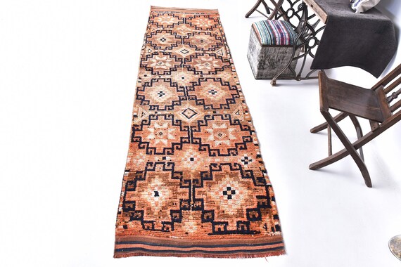 3x11 TURKISH VINTAGE RUNNER Rug, 3x11 Vintage Runner, 3x11, Retro Handmade Aesthetic, 3x11 Rugs, Vintage Runner Rug, Blue Orange Carpet, 60s