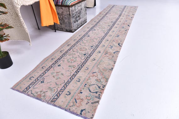 2x9 Vintage Runner Rug, Pale Pink Green Color, 2x9 Handmade Hallway Rug, 2x9 Farmhouse Runner Rug, Floral Rug, 2x9 Area Rug, Narrow Rug