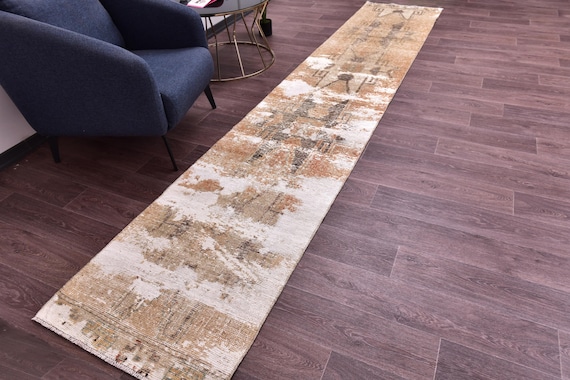 2x13 Vintage Turkish Distressed Runner Rug, Brown Color, Handmade Wool Rug, 2x13 Traditional Runner Rug, 2x13 Farmhouse Hallway Rug 2x13 Rug