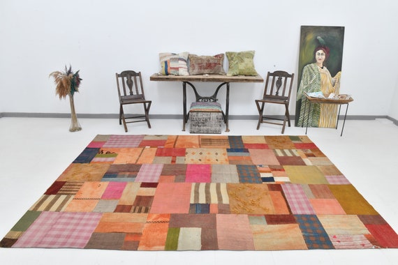 7x10 Oversize Turkish Vintage Kilim Patchwork Rug, Shades Of Multicolor Kilim Wool Handmade Oushak 7x10 Rugs Patchwork Boho Style Antique