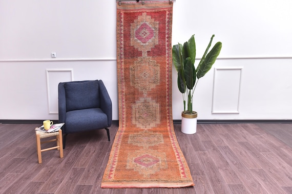 3x12 Handmade Peach Runner Rug, Vintage Traditional, Handwoven Wool, Rug For Hallway, Orange Cream Color