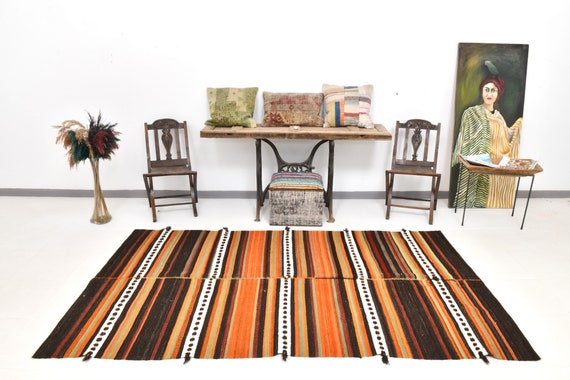5x9 Area Rug, 5x9 Orange & Brown Kilim Rug, 5x9 Kilim Rug, Handmade Wool Rug, 5x9 Rug, Bohemian Eclectic Style, Rug For Unique Bedroom Kilim