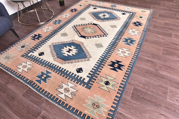 6x8 Vintage Turkish Area Rug, 6x8 Pink Blue Color Rug, Traditional Area Rug, 6x8 Handmade Wool Rug, 6x8 Farmhouse Decor, 6x8 Living Room Rug