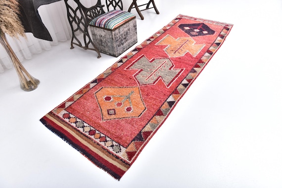 3x9 Vintage Turkish Runner Rug, 3x9 Red Blue Color Runner Rug, 3x9 Rug, Handmade Wool Rug, 3x9 Runner Rug, 3x9 Vintage Runner