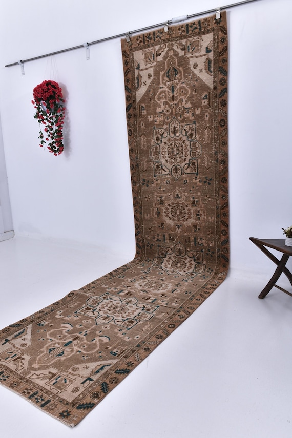 3x13 ANTİQUE Brown Persian Runner Rug, 3x13 Persian Runner, 3x13 Rug Long Handmade Wool Rug 3x13 Runner Rug 3x13 Heriz Runner Hallway Runner