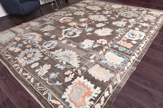 10x14 Rare Brown Vintage Oushak Area Rug, 10x14 Handmade Special Weave, Wool Jute Material, Brown Color, Ethnic Pattern, 10x14 Area Rug