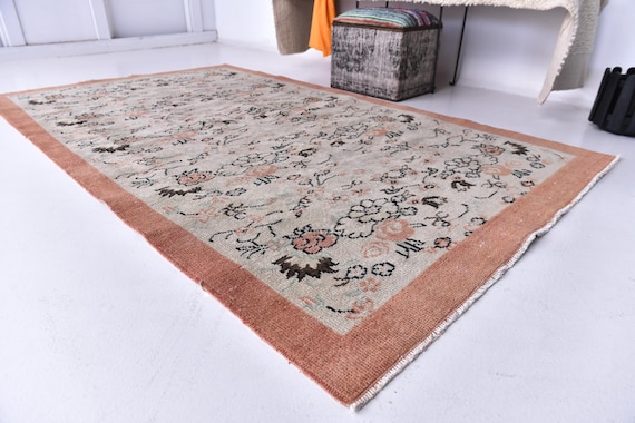 5x8 Vintage Turkish Rug Beige Coral, 5x8 All Over Design Oushak Carpet, 5x8 Hand Knotted Area Rug, 5x8 Neutral Home Decor, Oriental Area Rug