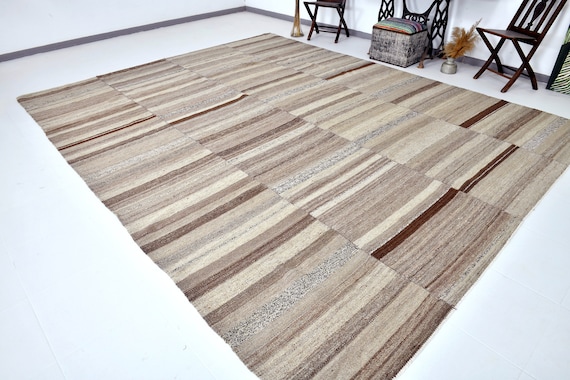 10x13 Kilim Rug, 10x13 Brown Beige Jute Kilim Rug, Handmade Wool Jute Rug, 10x13 Oversize Kilim Rug, Large Area Rug, 10x13 Rugs, BohoDecor