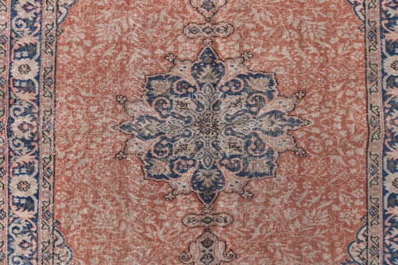 5x8 Vintage Turkish Rug, 5x8 Handmade Wool Rugs, Mint Terracotta Navy Blue Color, 5x8 Medallion Design,  5x8 Area Rugs, Living Room Rugs