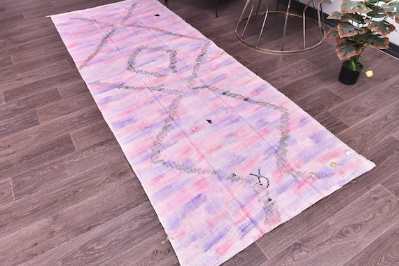 3x9 Vintage Overdyed Hemp Runner Rug, 3x9 Faded Hallway Rug, 3x9 Handmade Runner Rug, Pink Purple Color, Farmhouse Rug, 3x9 Hallway Runner