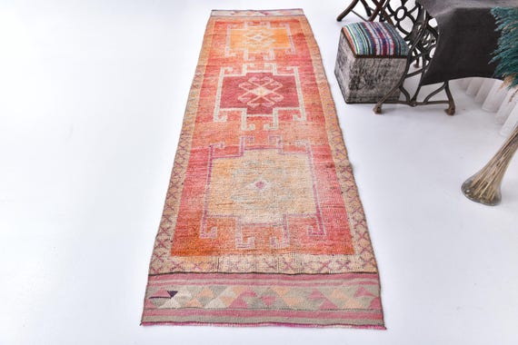3x11 Vintage Runner Rug, 3x11 Turkish Runner, Aesthetic Handmade Wool Rug, Orange Color Runner Rug, Step Rug, 3x11 Hallway Rug