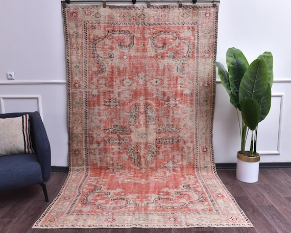 6x10 Faded Vintage Oriental Area Rug, Handmade Wool, Pale Red Cream Color