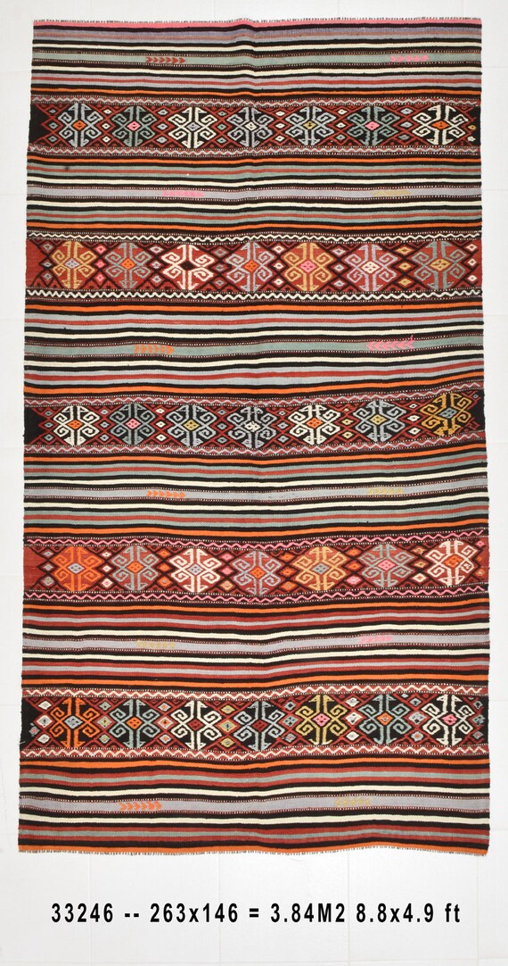 5x9 MODERN VINTAGE KILIM Rug, 5x9, Oushak Handmade Kilim, Shades Of Green & Red Kilims 5x9 Rugs Bohemian Farmhouse Rug For Living Room 60s