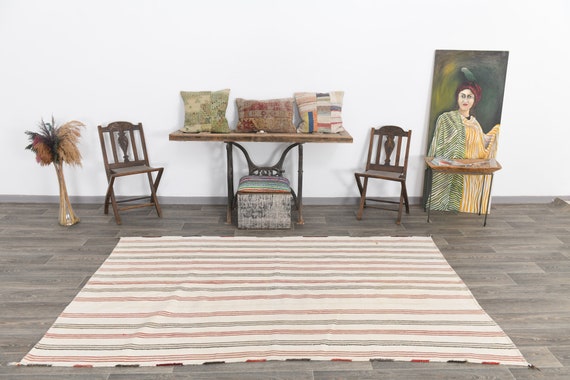 5x9 Hemp Rug, 5x8 Beige & Red Hemp Rug, 5x8 Hemp Kilim Rug, Natural Hemp Texture, 5x8 Rugs, Modern Striped Hemp, Soft Pastel Bohemian, Gift