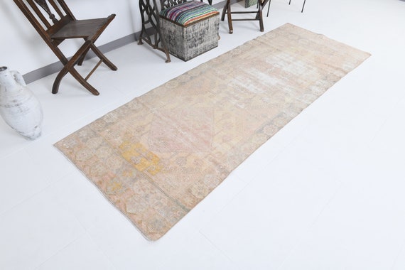 3x9 Runner Rug, 3x9 Unique Runner, 3x9 VINTAGE  RUNNER Rug, 3x9, Shades Of Neutral Beige Runners, Wool Handmade Oushak, 60s Runners