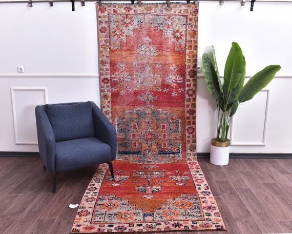 4x11 Vintage Handmade Distressed Oriental Hallway Kitchen Runner Rug, Red Gray Blue Color